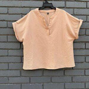 Shein Curve Tunic Blouse Mandarin Collar Top Short Roll Tab Cuffed Sleeve 3XL Wm